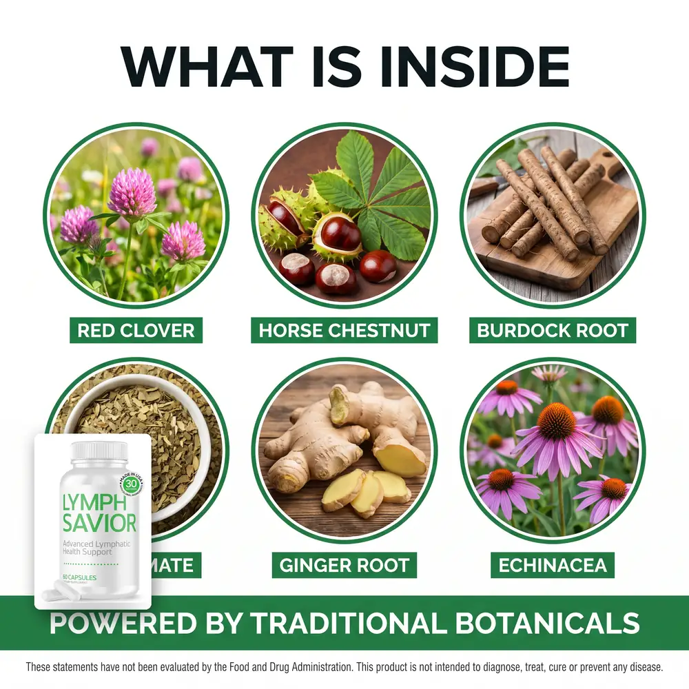 What is inside Lymph Savior: red clover, horse chestnut, burdock root, yerba mate, ginger root and echinacea