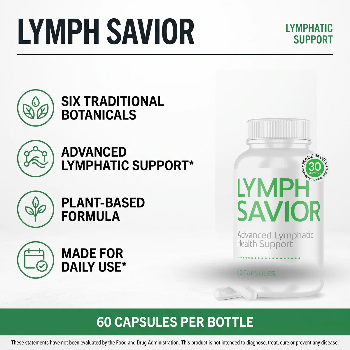 Lymph Savior pack detail: six traditional botanicals, advanced lymphatic support, plant-based formula, 60 capsules per bottle