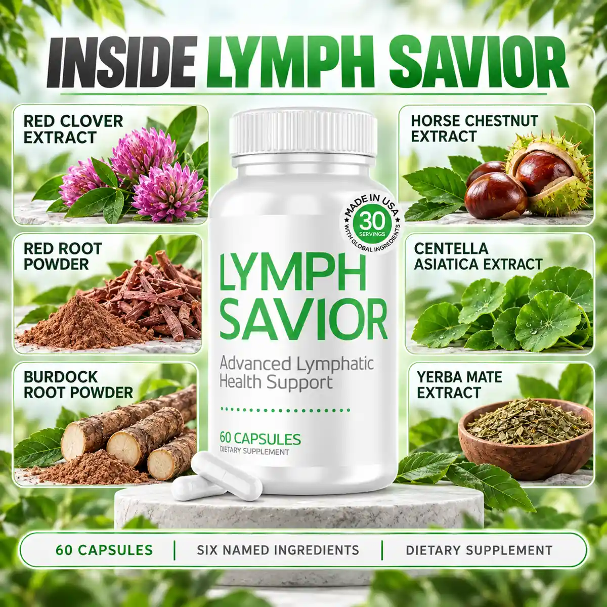 The six named botanicals inside Lymph Savior, on the brand's own graphic
